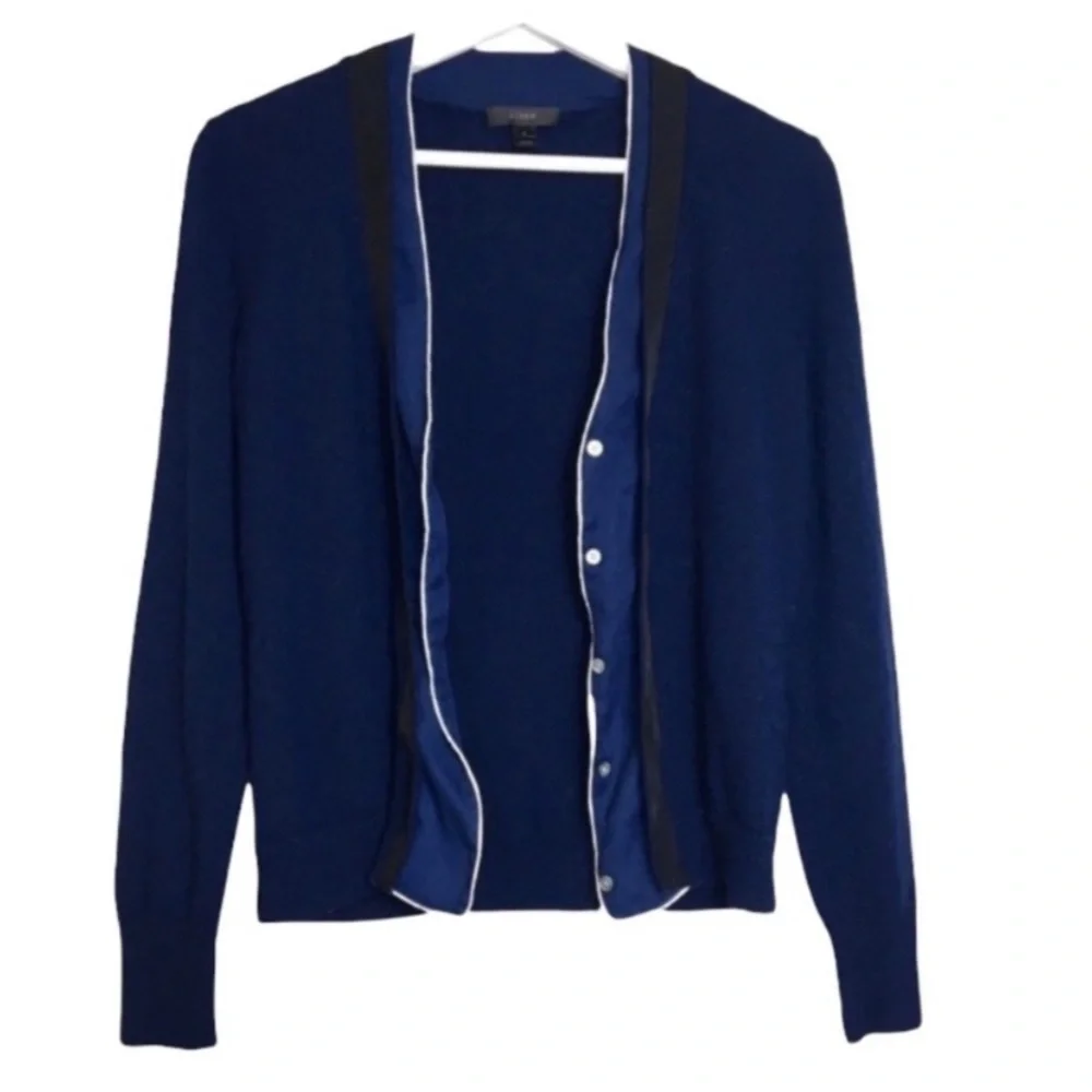 J. Crew Merino Wool Ribbon & Faux Shirt Navy Casual Cardigan Sweater S